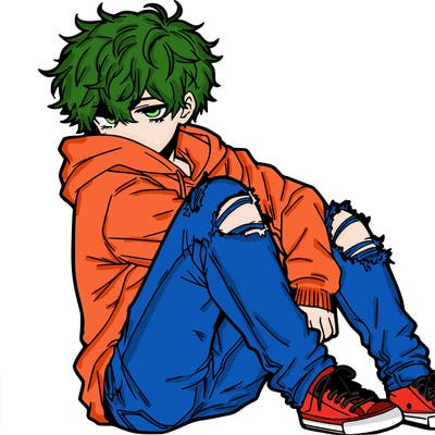 a male hoddie ripped jeans messy hair anime