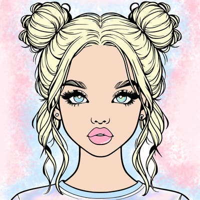 realistic girl with two buns in hair and lips