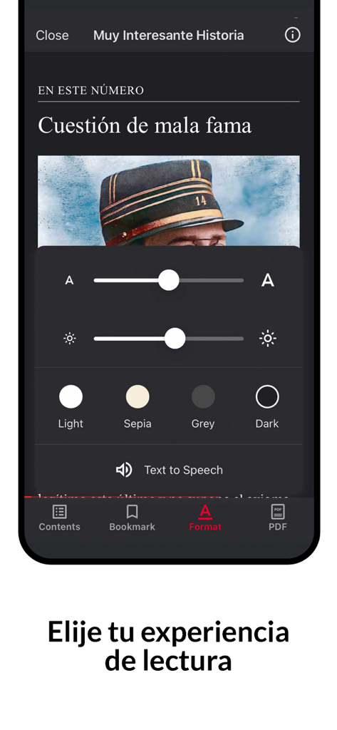 Muy Interesante Historia - Interface da app Muy Interesante Historia mostrando opções de personalização de leitura, incluindo tamanho da fonte, brilho e temas de cores.