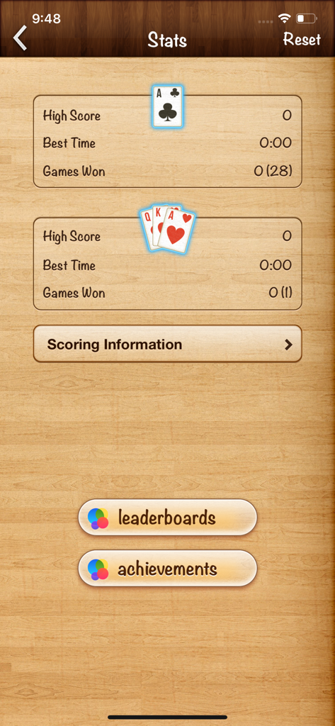 Spielstatistikseite von Solitaire Klondike mit Highscores und Schaltflächen für Erfolge