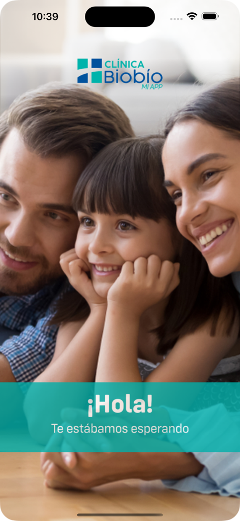 Clínica Biobío - Welcome screen for Clinica Biobio app showing a happy family.