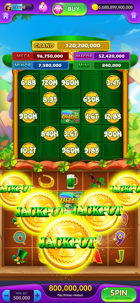 Lucky Spin Slot Machines - Gameplay de Lucky Spin Slot Machines montrant un thème de leprechaun avec de grosses pièces d'or de jackpot à l'écran