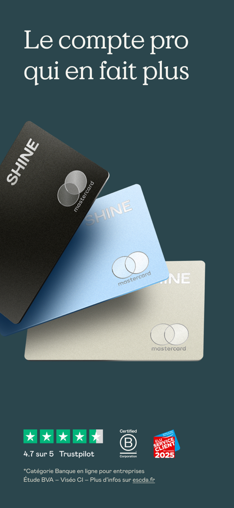 Shine - Compte pro en ligne - Trois cartes Mastercard Shine business montrant la certification B Corp et l'évaluation Trustpilot