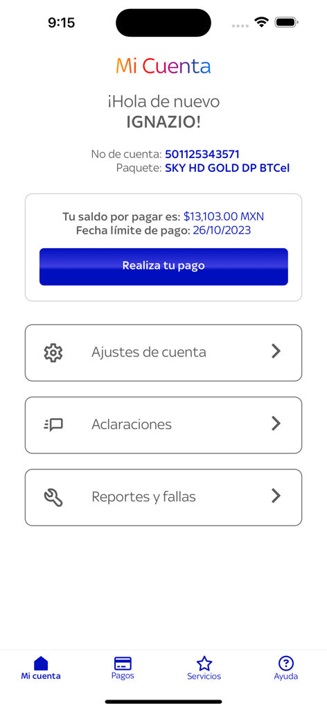 App SKY - App SKYマイアカウントダッシュボード。スペイン語でアカウント残高と支払いオプションが表示されます。