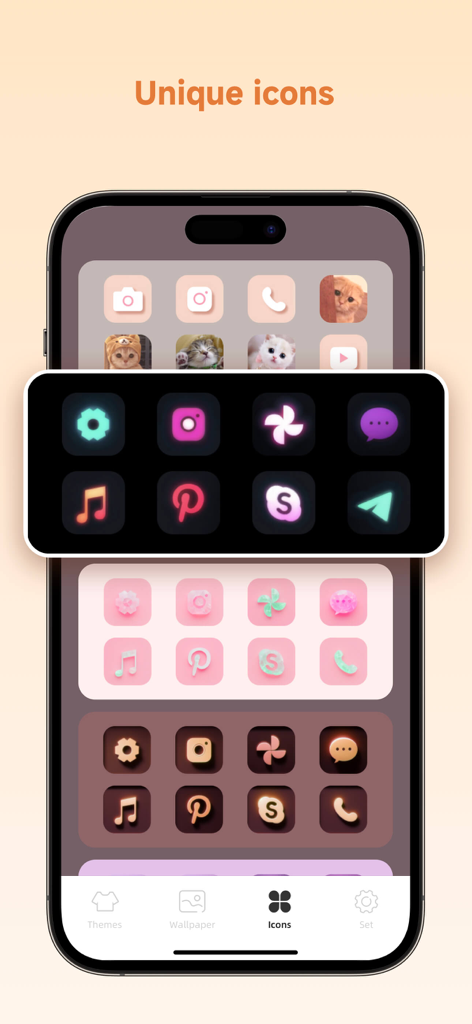 Unique icon packs in neon and pastel styles for iPhone customization