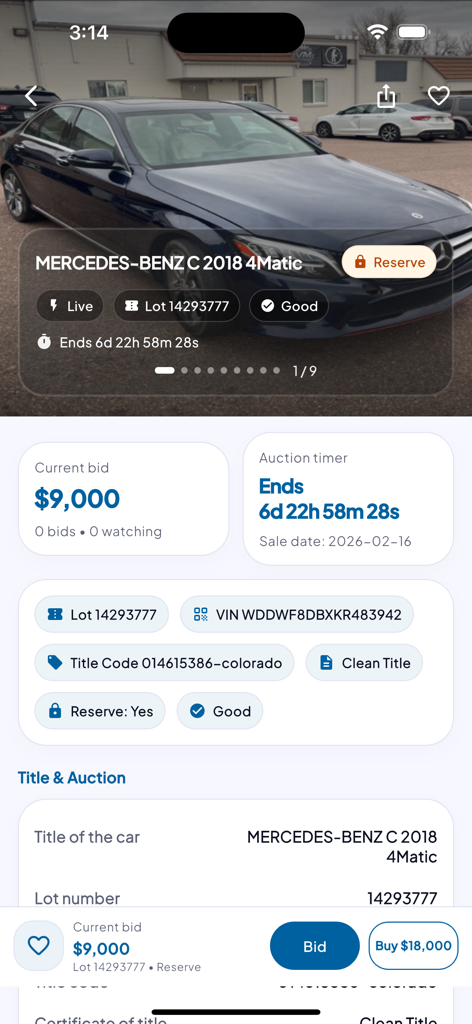 AutoBid Cars - AutoBid Cars mobile app interface showing a 2018 Mercedes-Benz auction listing with current bid and vehicle details