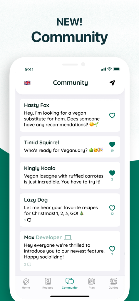 Community feed in the Simple Vegan app showing user posts and recipe recommendations.