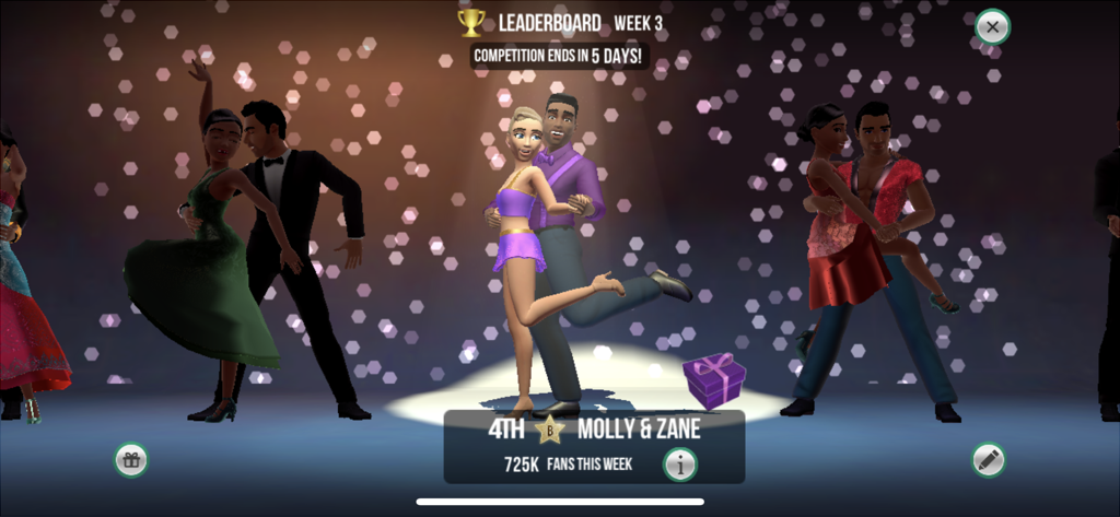 Dancing with the Stars : Game - Écran du classement hebdomadaire dans le jeu Danse avec les stars montrant des couples dansant sur scène.