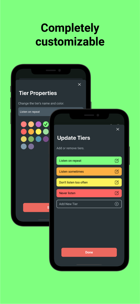 Two mobile screens displaying options to customize tier names and colors within the Tier List app interface.