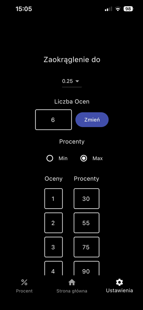 Kalkulator Ocen - Settings screen of a grade calculator app showing percentage thresholds and rounding options for student grades