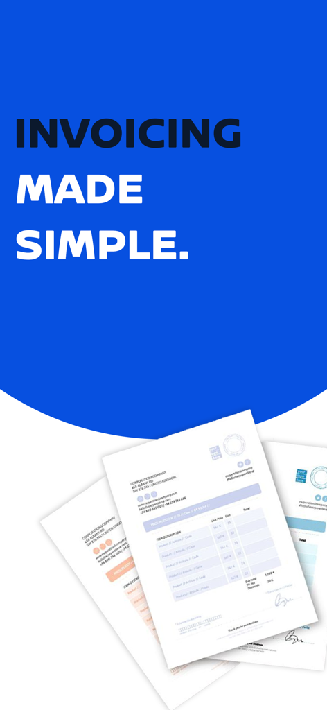 Invoice Maker: Receipt Tracker - Un gráfico promocional para una aplicación de negocios que presenta plantillas de facturas profesionales y el texto 'Facturación Simplificada'