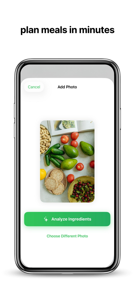 Smartphone screen showing the ingredient analysis feature in the Healthy Food app with a photo of fresh produce.