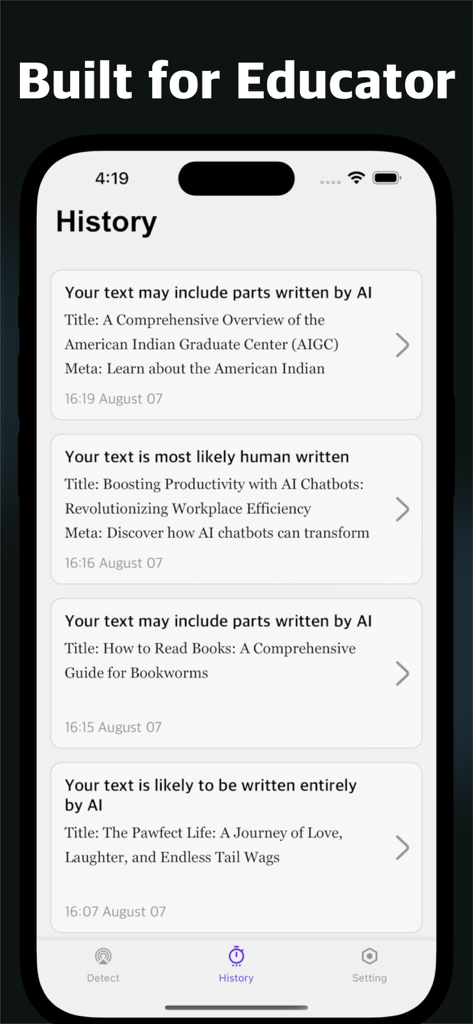AIZero - AI Detector - AIZero app interface showing a history list of AI text detection results for various documents