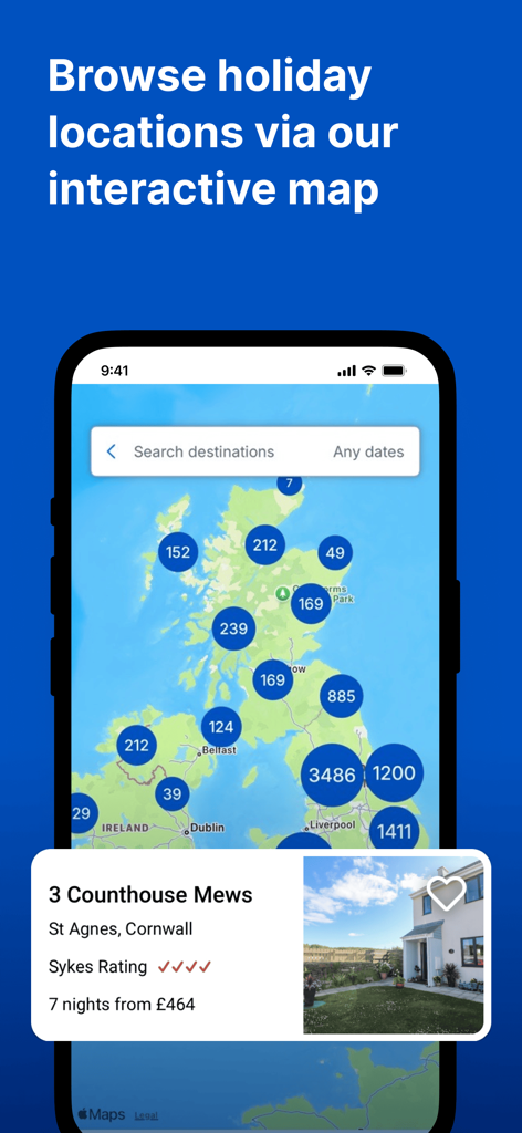 Interaktive Karte der Sykes-App, die die Anzahl der Objekte in ganz Großbritannien und eine Vorschau eines Ferienhauses in Cornwall zeigt