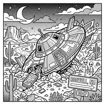 Journey back to 1947 New Mexico with this thrilling Pop Art coloring page inspired by the legendary Roswell Incident. Unleash your creativity on a crashed UFO, mysterious aliens, and a dramatic desert scene.