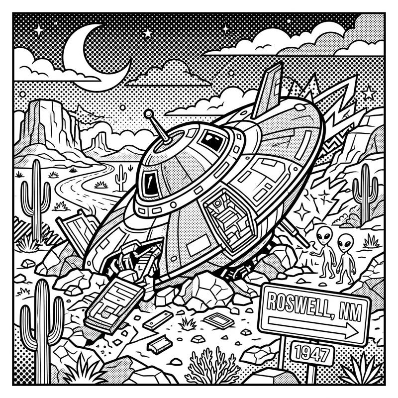 Journey back to 1947 New Mexico with this thrilling Pop Art coloring page inspired by the legendary Roswell Incident. Unleash your creativity on a crashed UFO, mysterious aliens, and a dramatic desert scene.