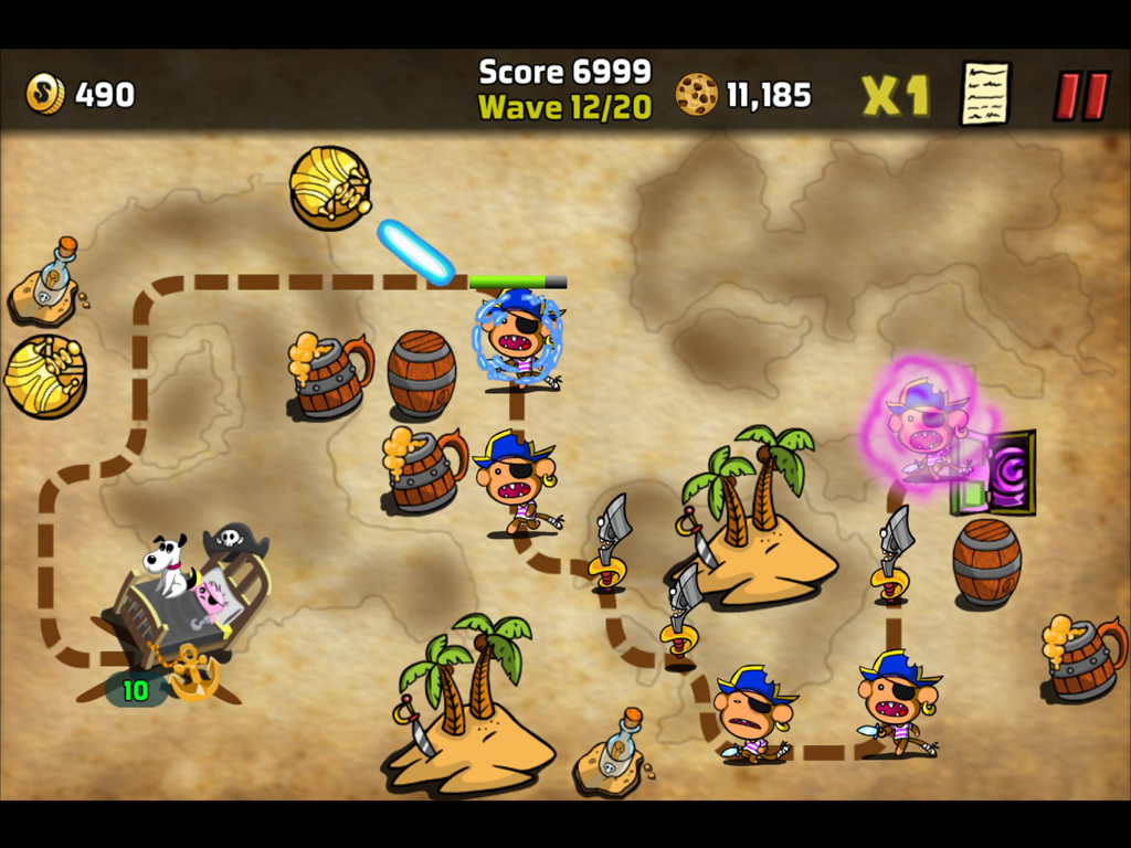 The Creeps! HD - Screenshot di gioco di The Creeps HD che mostra un livello di difesa della torre a tema pirata con nemici scimmia e difese giocattolo