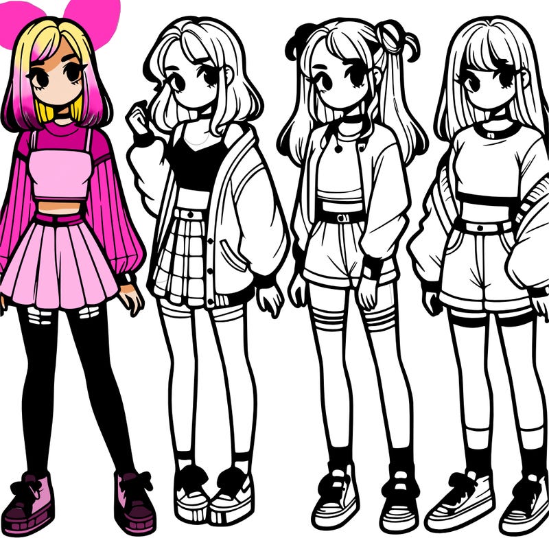 one girl with crop-top shirt and a jacket with a skirt, long socks and another girl with a shirt and pants with a jacket