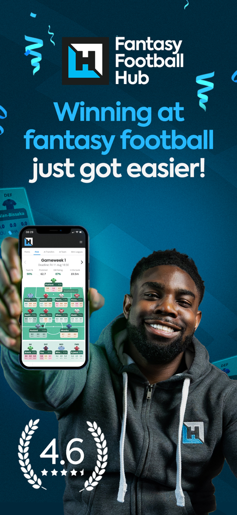 A man holding a smartphone displaying the Fantasy Football Hub app interface for Premier League fantasy football tips with a 4.6 star rating