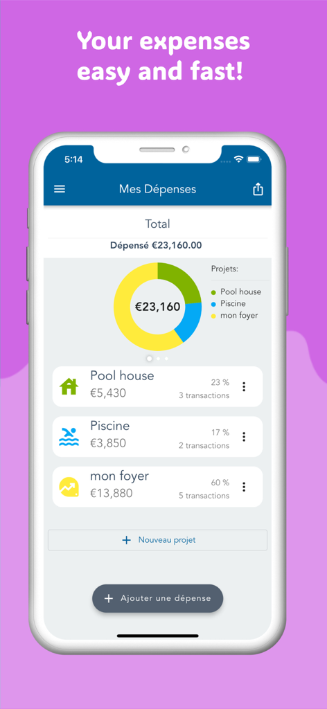 Construction Expense Manager - Construction Expense Manager app interface showing a spending overview and project breakdown