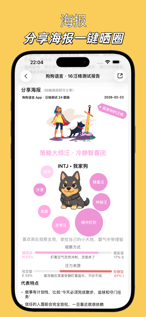 狗狗语言 - 汪星人格测试狗狗训练助手 - A smartphone screen showing a dog MBTI personality test report with traits and a cute character illustration.