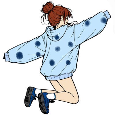 realistic girl jumping with a bun and oversized sweatshirt