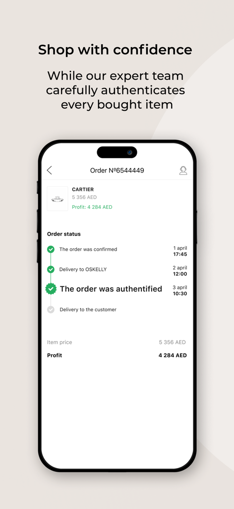 OSKELLY: Your Luxury Shopping - Un smartphone que muestra la pantalla de estado del pedido de la aplicación OSKELLY con un artículo de lujo autenticado con éxito.