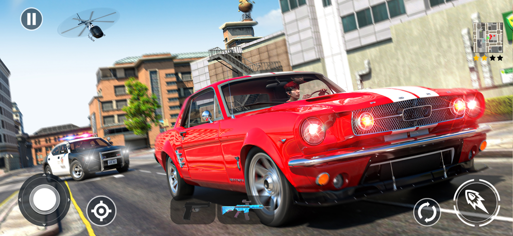 Police Simulator Patrol Duty - A police cruiser and helicopter chasing a red muscle car through a city street in a simulator game.