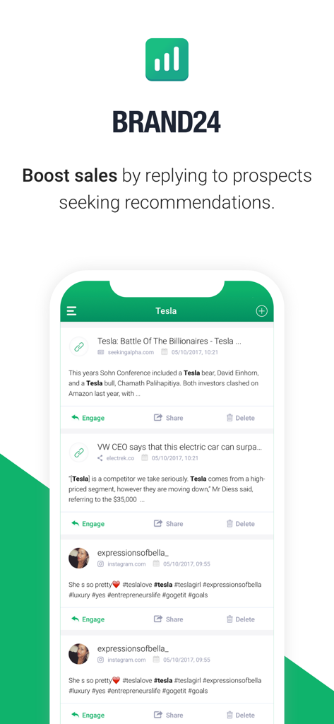 Interface do Brand24 mostrando menções à marca e opções para interagir com prospects para impulsionar vendas.