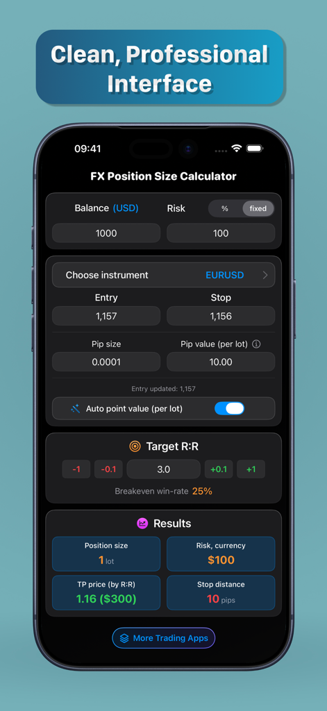 Clean dark mode interface of the FX Position Size Calculator app for forex trading