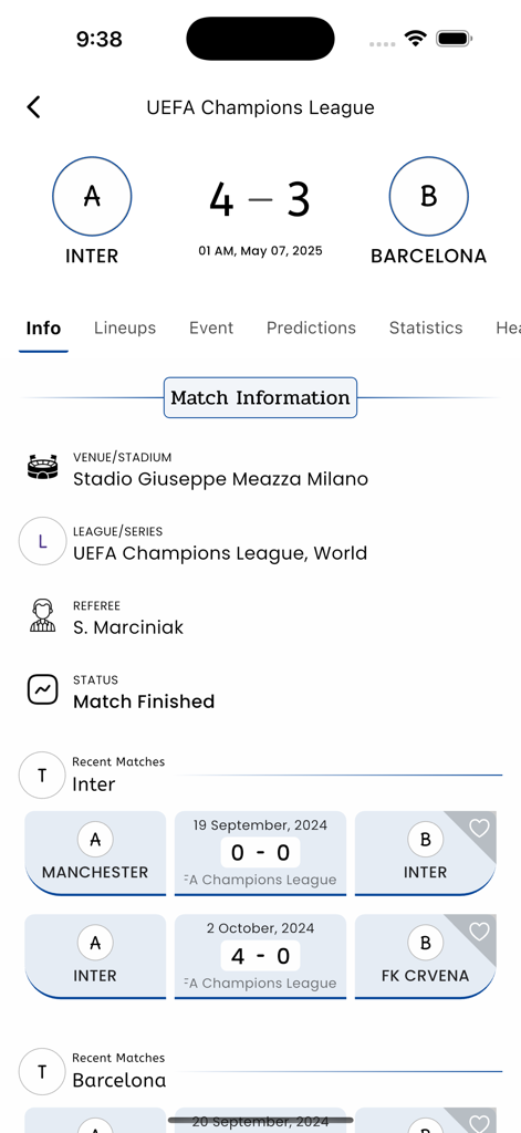 A screenshot of the Nova Soccer Hub app showing match details and score for a UEFA Champions League game between Inter and Barcelona.