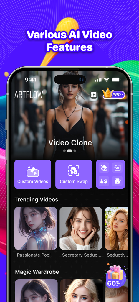ArtFlow-AI Video Image Maker - ArtFlow mobile app screen displaying AI video clone and trending video templates