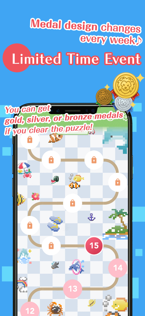 Zeitlich begrenzter Event-Bildschirm im Logic Art Nonogramm-Rätselspiel, der eine Levelkarte und Belohnungsmedaillen zeigt.