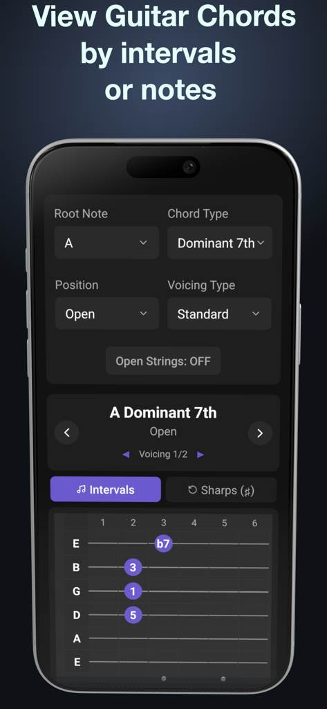 Chordz: Guitar Chord Finder - Interface of Chordz guitar app showing an A Dominant 7th chord with intervals visualized on the fretboard