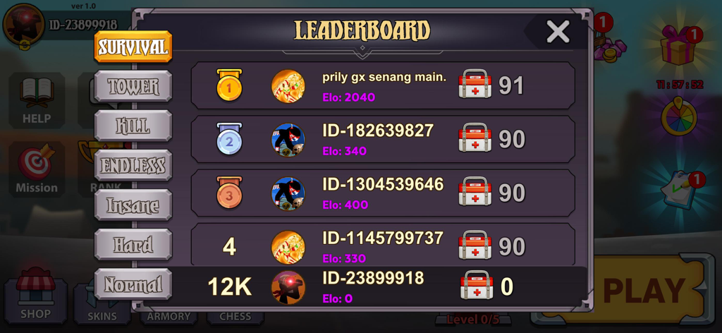 Stick Legions: Giant War - Stick Legions Giant War leaderboard screen showing survival rankings and player Elo scores