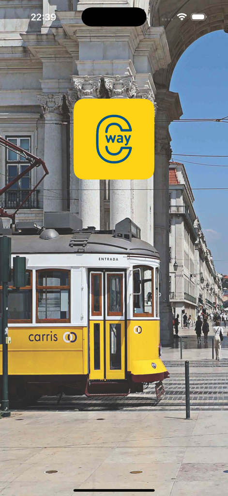 CARRISway - A traditional yellow Lisbon tram on a sunny street with the CARRISway app logo overlay.