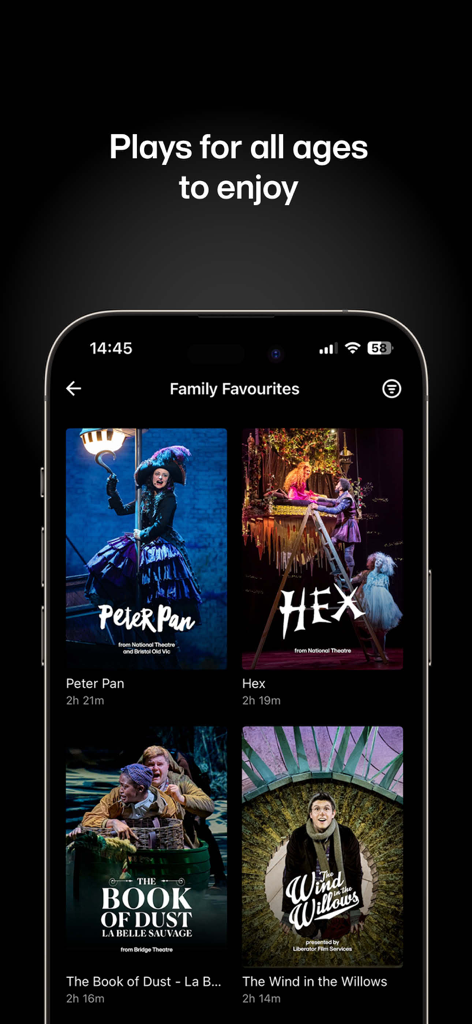 Oberfläche der National Theatre at Home App, die eine Galerie familienfreundlicher Stücke zeigt, darunter Peter Pan und Der Wind in den Weiden.
