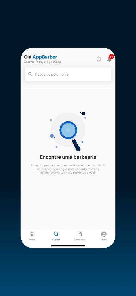 AppBarber: Cliente - Bildschirm zur Suche nach lokalen Friseursalons in der AppBarber-App