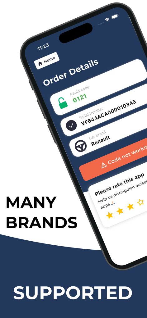 Radio Code Finder for Renault - Interfaccia dell'app mobile che mostra il codice di sblocco generato per un veicolo Renault insieme ai dettagli dell'ordine e del numero di serie.