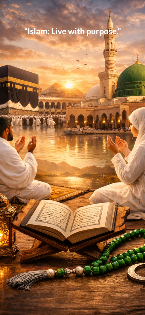 Quran & Qibla - Prayer Times - A man and woman praying with a view of the Kaaba and Prophet's Mosque featuring an open Quran and prayer beads