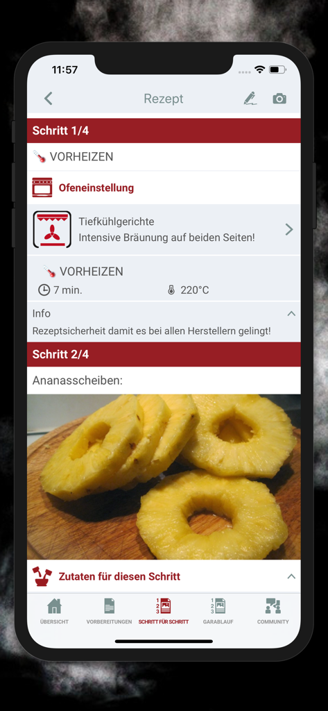 Dampfguide app showing step-by-step steam oven cooking instructions for pineapple