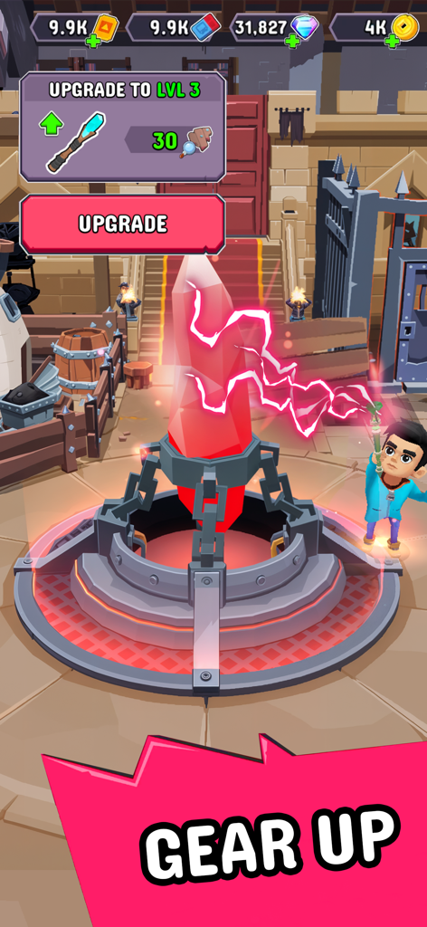 Wizario: Idle Survival - A wizard upgrading his magic staff using a large red energy crystal in Wizario Idle Survival