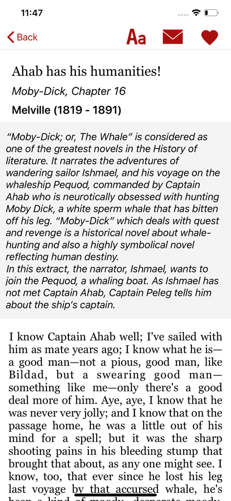 Uno screenshot dell'app A Text A Day che mostra un estratto di Moby Dick di Herman Melville