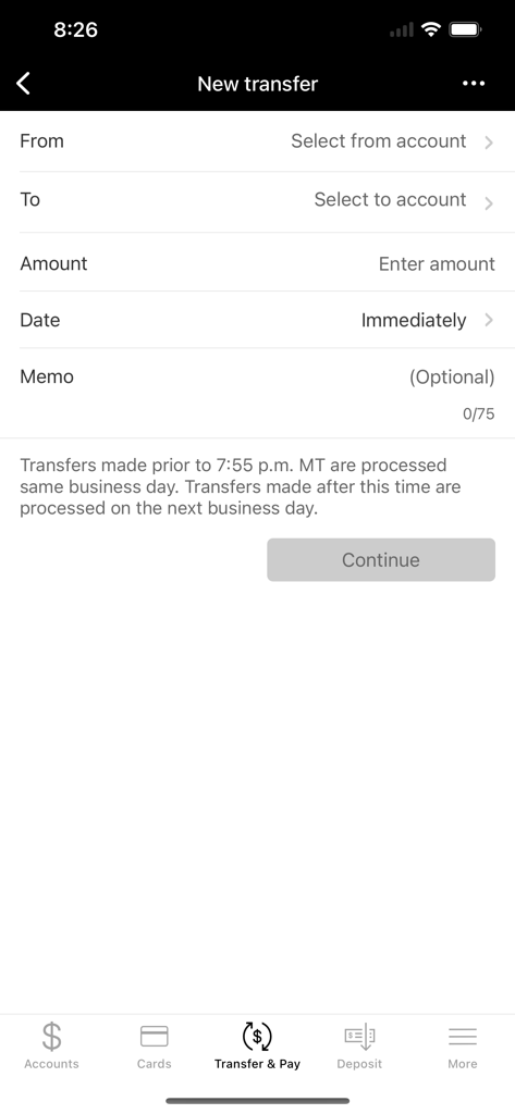 Bank of Colorado - Interface of the Bank of Colorado mobile app for creating a new money transfer