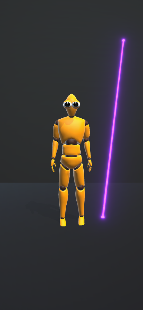 Elastic Playground:Ragdoll Fun - Un personaggio ragdoll giallo in piedi accanto a una linea al neon viola brillante in un sandbox fisico.