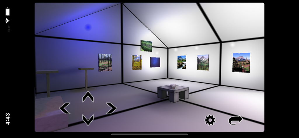 3D Gallery - A virtual 3D gallery room showing photos on walls with navigation controls