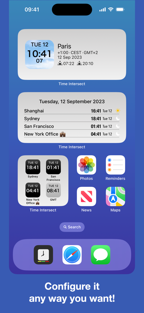 Time Intersect - World Time - Time Intersect app widgets on an iPhone home screen showing different world clock layouts and time zones.