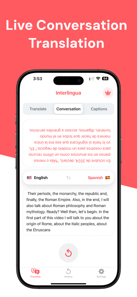 Live Translation: AI Translate - Interfaccia dell'app Live Translation che mostra una conversazione in tempo reale tra inglese e spagnolo utilizzando una vista a schermo diviso.