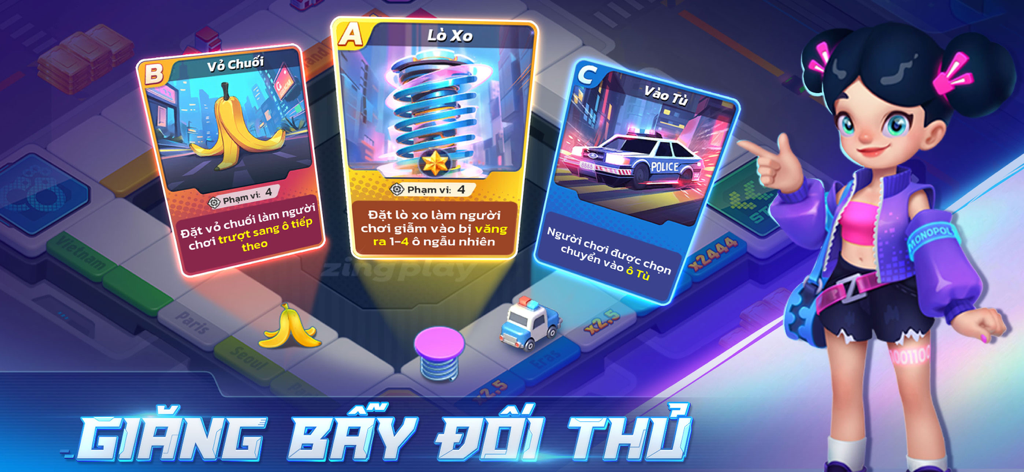 Cờ Tỷ Phú 2 ZingPlay - Uma captura de tela de jogabilidade de Cờ Tỷ Phú 2 ZingPlay mostrando diferentes cartas de habilidade como Casca de Banana e Mola usadas para prender oponentes em um tabuleiro de monopoly 3D.