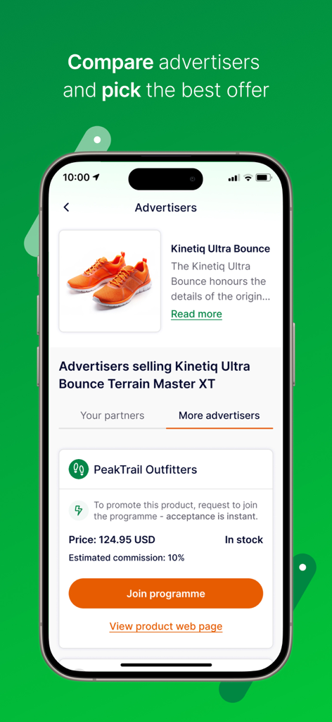 Awin - Awin app screenshot showing a product comparison page with estimated commission and a button to join an affiliate program.